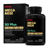 GNC Mega Men 50 Plus, boîte capsules, soutien nutritionnel masculin quotidien.