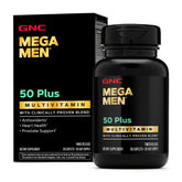 GNC Mega Men 50 Plus : boîte et tablettes faciles à prendre pour énergie quotidienne.