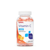 GNC Gommes de vitamine C, bouteille ouverte, soutien immunitaire pratique et agréable.