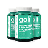 Goli Pre+Post+Probiotiques gommes dans bouteille ouverte, apport pratique au quotidien.