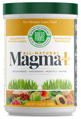 Green Foods Magma Plus poudre dans sa boîte, pratique pour doser facilement vos smoothies.