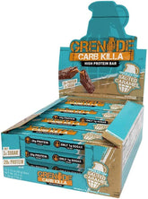 Grenade Carb Killa barre chocolat pepites sel caramel, présentation et couches appétissantes, collation protéinée.