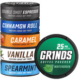 Grinds Poche Café Caramel: pochette colorée et arôme riche, énergie pratique.
