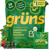 Gummies Grüns, bouteille quotidienne, soutien nutritionnel pratique et sans sucre.
