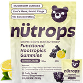 Grüns Nutrops gommes packaging avec crinière de lion, pratique pour l'énergie mentale.