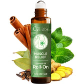 Gya Labs Muscle Relief Roll-On, bouteille ambrée prête à apaiser les muscles après l’effort.