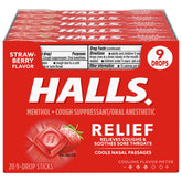 Pastilles HALLS Relief Fraise pour la gorge, faciles à emporter.