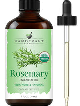 Huile essentielle de romarin Handcraft Blends dans bouteille ambrée, pure et aromatique.