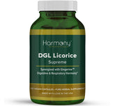 Harmony Nutraceuticals DGL Réglisse suprême – bouteille de capsules véganes pour un soutien digestif potentiel.