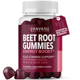 Gommes HAVASU Nutrition à base de betterave et COQ10 en bouteille, énergie et endurance potentielles.