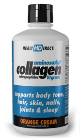 AminoSculpt HEALTH DIRECT, bouteille collagène liquide orange crème prête à boire, routine beauté.