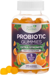 Health Nutrition Naturals gommes probiotiques 5 milliards, bouteille, soutien digestif pratique.