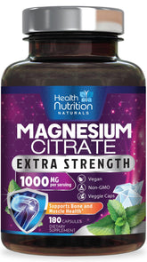 Bouteille Health Nutrition Naturals Magnésium Citrate 1000 mg, absorption maximale.