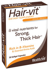 HealthAid Hair-VIT : bouteille de capsules riches en nutriments pour cheveux forts et brillants.