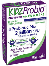 KidzProbio HealthAid, bouteille de gommes cassis, soutien digestif quotidien possible.