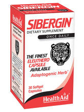 HealthAid Sibergin : bouteille de capsules molles, aide potentielle contre le stress et la fatigue.