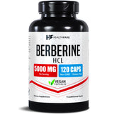 Healthfare Berberine HCL 5000 mg – flacon en gros plan et capsules végétales faciles à prendre.