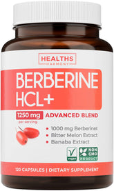 Healths Harmony Berberine HCL en bouteille, étiquette claire, soutien potentiel au métabolisme.