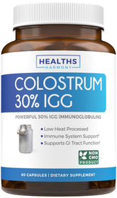 Healths Harmony Colostrum Bovin – bouteille montrant le format pratique pour l'apport quotidien.