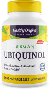 Healthy Origins ubiquinol, bouteille de 60 gélules, formulation vegan et sans gluten.