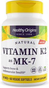 Flacon Healthy Origins Vitamine K2 MK-7 100 mcg, soutien densité osseuse