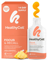 HealthyCell Focus & Recall : boîte et gels pratiques pour la concentration quotidienne.