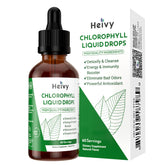 Gouttes de chlorophylle Heivy, bouteille en train de verser, pour detox et énergie durable