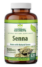 Herbal Secrets Sénna 500 mg dans une bouteille, pratique quotidienne.