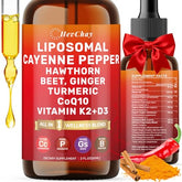 Gouttes Cayenne liposomales HevChay sur flacon 2oz, absorption potentielle et énergie.