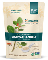 Himalaya Ashwagandha en poudre biologique dans un sachet, usage quotidien possible.