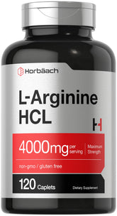 Horbaach L-Arginine 4000 mg, bouteille de comprimés, soutien potentiel à l'énergie.
