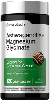 Horbaach Ashwagandha Magnésium Glycinate – capsules visibles sur table, soutien potentiel au stress.