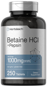 Horbaach Betaine HCl emballage avec détails des ingrédients et utilisation potentielle