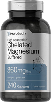 Horbaach Magnésium Chelaté 360 mg, bouteille avec gélules faciles à prendre au quotidien.