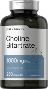 Horbaach Choline Bitartrate, bouteille 1000 mg, 250 capsules, soutien potentiel du métabolisme.