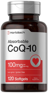 Horbäach CoQ10 Softgels en bouteille, soutien potentiel à l'énergie quotidienne.