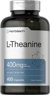 Horbäach L-théanine 400 mg capsules visibles en flacon, soutien calme et concentration.