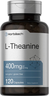 Horbaach L-Theanine 400 mg, flacon de gélules prêt à l’emploi pour une détente potentielle.