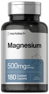 Horbaach Magnésium 500 mg comprimés enrobés dans une bouteille, soutien quotidien potentiel.