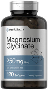 Horbäach Magnésium Glycinate 250 mg – capsules molles dans la bouteille, soutien potentiel au quotidien