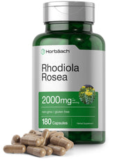 Horbäach Rhodiola Rosea sur boîte, soutien potentiel à l'énergie quotidienne.