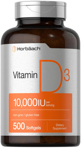 Horbäach Vitamine D3, bouteille 500 gélules molles, soutien quotidien sain.