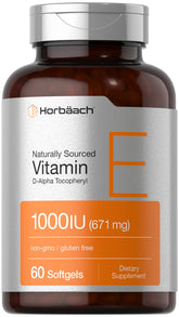 Boîte Horbäach Vitamine E, bouteille de gélules molles 1000 UI, pratique au quotidien.