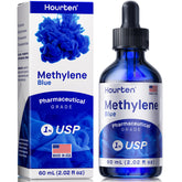 Gouttes Hourten bleu de méthylène dans une bouteille ambrée, dosage précis.