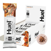 Barre Huel chocolat caramel avec enrobage cacao, snack protéiné gourmand.