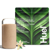 Huel : poudre protéinée végétale à la vanille, idéal pour un petit-déjeuner rapide et équilibré.