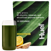 Huel Verdure Quotidienne citron-gingembre en poudre prête à être mélangée.