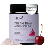 Hum Dream Team : poudre de magnésium bisglycinate dans un verre d’eau pour relaxation.