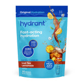 HYDRANT poudre électrolyte boîte et dose, hydratation rapide au réveil avec faible calorie.