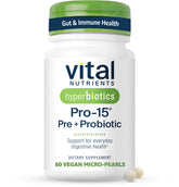 Hyperbiotics Vital Nutrients Pro-15 — bouteille, soutien digestif quotidien et équilibre du microbiote.